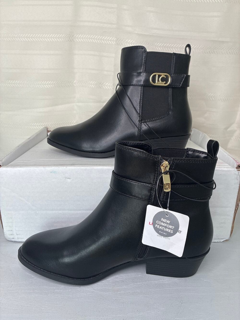 Liz Claiborne Black Ankle Boots Buckle Strap Side Zip Block Heel Womens 8.5W NEW